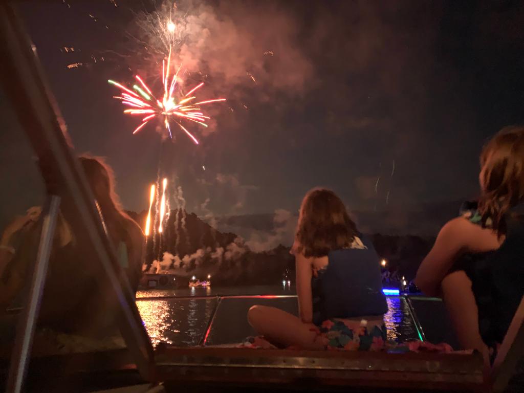 Fireworks over Lake Hiwassee at Mountain View Marina to celebrate Independence Day in Murphy, NC